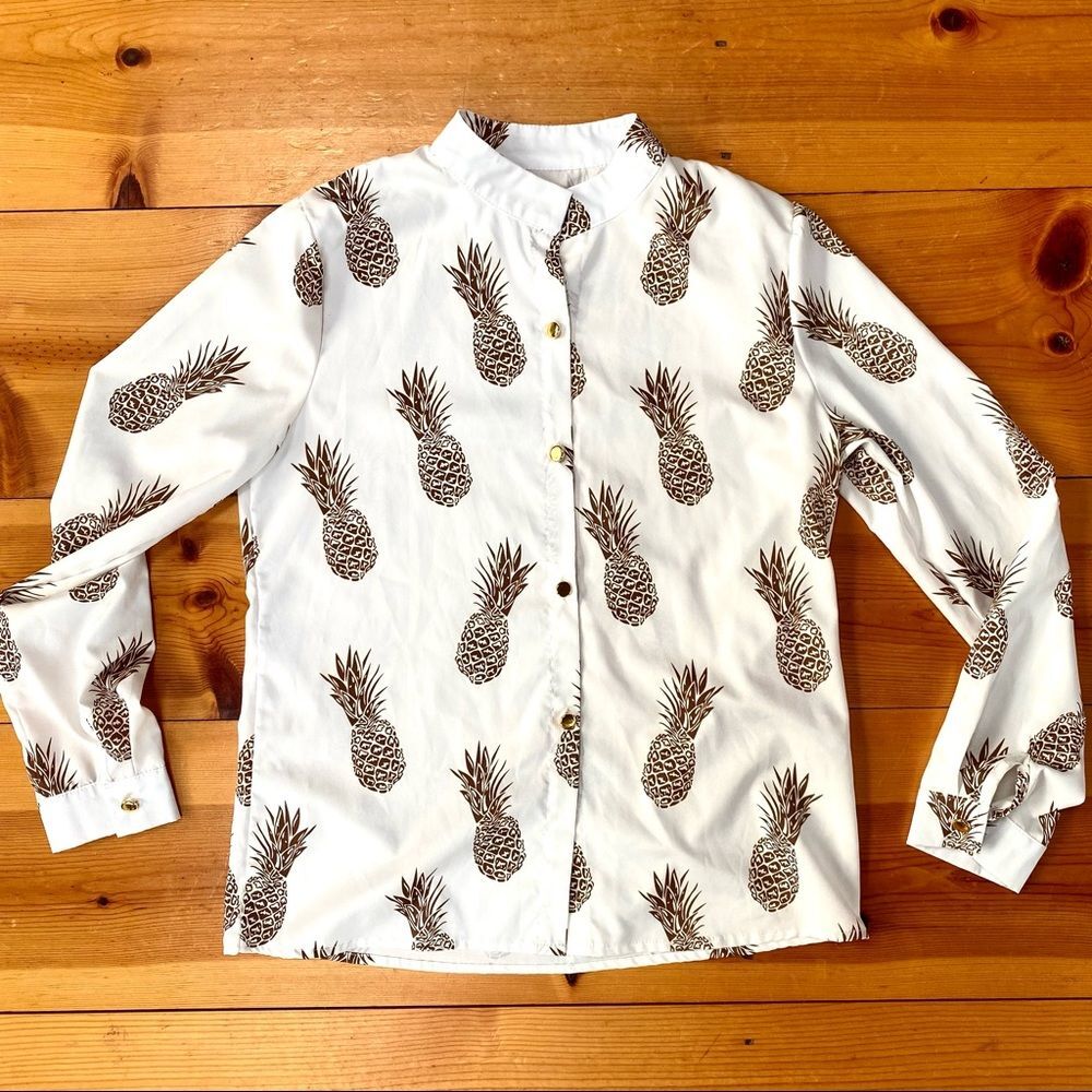 White Brown Pineapple Sheer Long Sleeve Button Down Blouse Shirt Top
